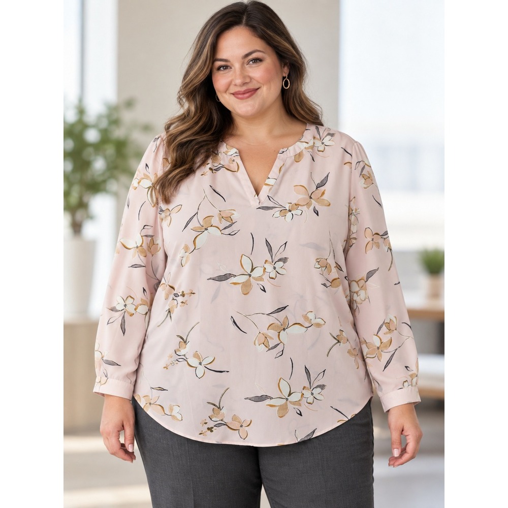 Ava & Viv Floral Blouse Womens 2X Pink Long Sleeve V-Neck Relaxed Fit Pullover